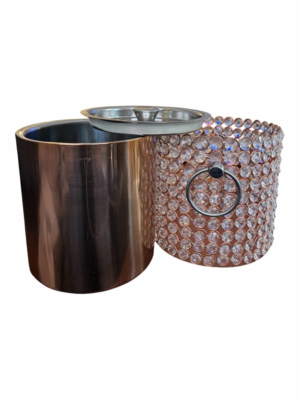 Glam Rose Copper Crystal Beaded Ice Bucket w/ Lid Hollywood Regency Barware